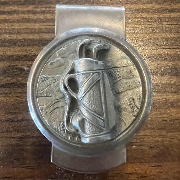 Silvertone and Pewter Golf Themed Money Clip, Marked USA - Picture 1 of 3